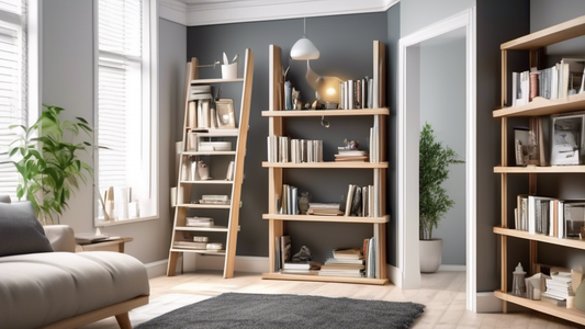 An image of a small room with limited space, featuring creative and innovative space-saving bookshelf ideas such as a ladder-style bookshelf, a corner bookshelf, wall-mounted bookshelves, or a vertical bookshelf. The image should showcase how these c