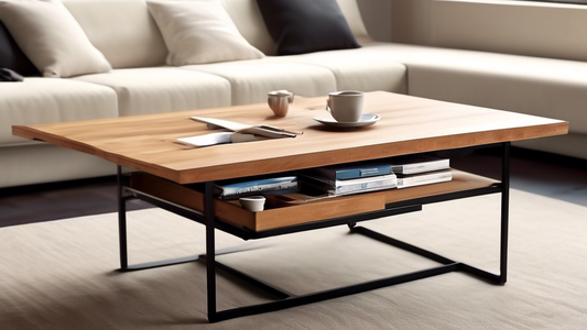 Create an image of a convertible coffee table seamlessly transforming into a spacious dining table, showcasing its versatile design and practicality as the ideal multi-functional furniture solution. The image should highlight the sleek and innovative