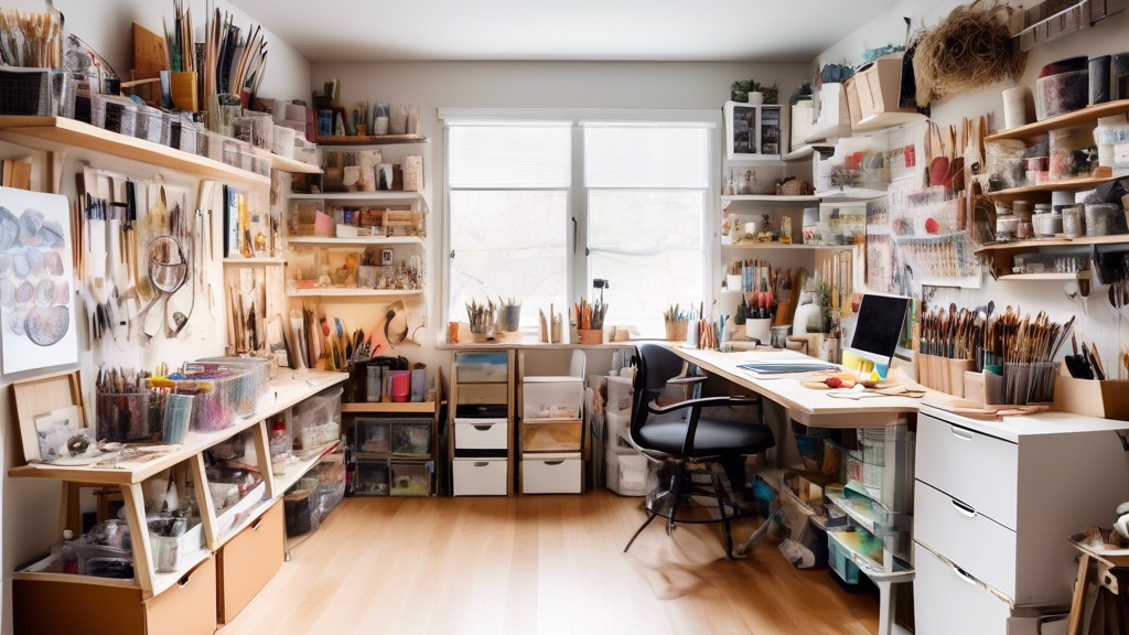 Create an image of a small, cluttered art studio transformed into an organized and efficient workspace. Show various smart storage solutions such as shelves, drawers, pegboards, and bins for art supplies, tools, and materials. Highlight how the space