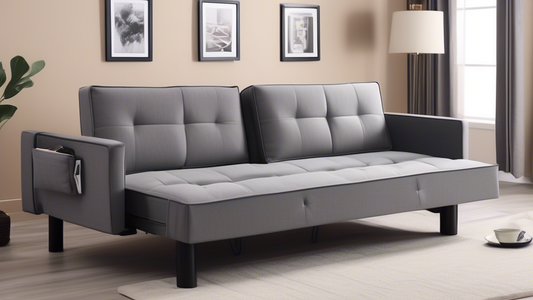Create an image of a modern, stylish living room with a space-saving convertible sofa bed. The sofa bed should seamlessly transition from a comfortable seating area to a cozy bed, showcasing its versatility and functionality in a small living space. 