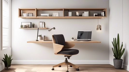 Create an image of a minimalist, modern home office setup featuring a wall-mounted folding desk that fits seamlessly into the decor. The desk should be sleek and functional, showcasing a variety of ways it can be used and customized in a DIY project.