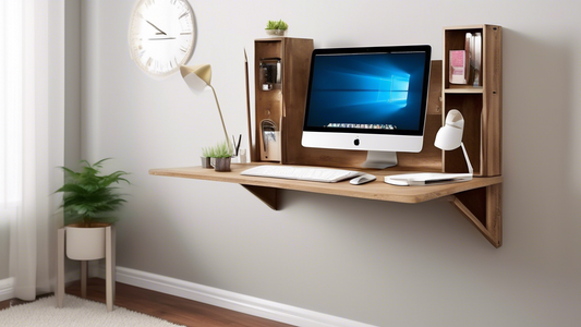 Create an image of a cozy and efficient workspace with a wall-mounted folding desk. The desk should be a stylish and functional piece of furniture that maximizes space in a room. Show various design ideas that incorporate innovative storage solutions