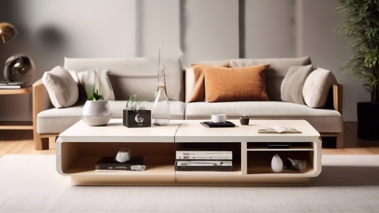 Create an image of a modern living room with a sleek and stylish coffee table that showcases 10 different multifunctional designs, such as hidden storage compartments, adjustable heights, built-in speakers, and more. The room should be well-lit and t