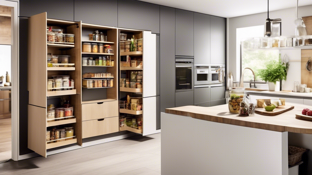 Create an image of a modern kitchen with pull-out pantry shelving units showcasing their versatility and organization options. The pantry shelves should be fully extended, elegantly displaying various food items, spices, and kitchen tools neatly orga