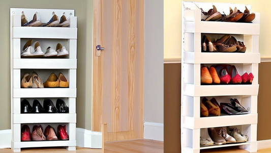 Create an image of a simple and practical DIY vertical shoe rack made from repurposed materials, showcasing various shoes neatly organized and displayed. The rack should be space-efficient and aesthetically pleasing, suitable for a small or crowded c