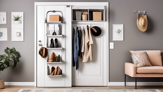 Create an image of a stylish and functional over-the-door storage solution for a home, showcasing clever and innovative ways to maximize space and organization. Show various items neatly stored on the door, such as shoes, accessories, cleaning suppli