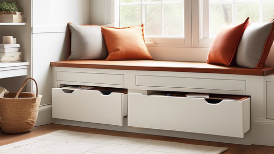 Create an image of a cozy window seat with clever storage solutions integrated seamlessly. The design should include built-in drawers or shelves underneath the seat, and maybe a cushioned top that lifts up to reveal additional storage space inside. S