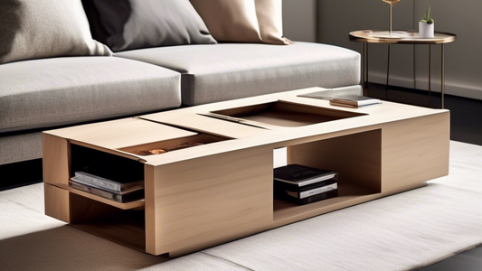 Create an image of a sleek, modern coffee table with a hidden compartment that seamlessly blends into the design. The hidden compartment should effortlessly slide out or pop open to reveal secret storage space within the table, showcasing innovative 