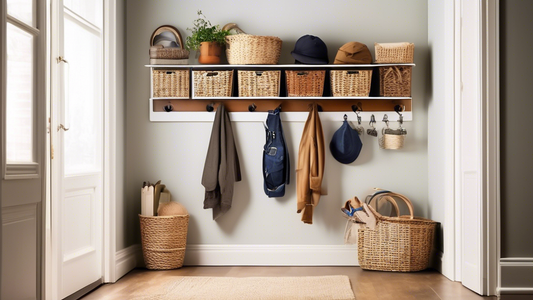 Create an image of a narrow hallway with a variety of stylish and practical over-the-door storage solutions, such as hanging shoe organizers, baskets, hooks, and shelves, showcasing different ways to maximize space and keep clutter at bay in a small 