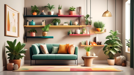 Create an image of a cozy and stylish living room corner embellished with floating shelves of various shapes and sizes, showcasing a harmonious display of decorative objects and potted plants. The shelves should be beautifully arranged to maximize st