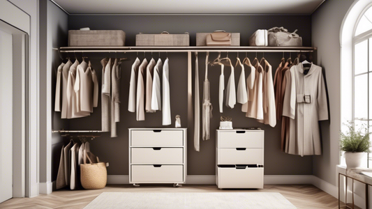 Create an image of a stylish and organized closet interior with five different hanging closet organizers prominently displayed. Each organizer should be labeled and designed in a way that showcases their unique features and functionality. The image s