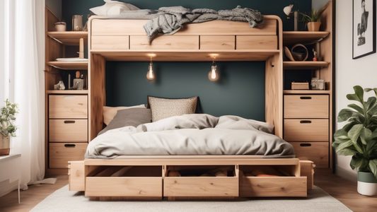 Create an image of a cozy bedroom with a creatively designed under-bed storage unit that maximizes space while maintaining a stylish and organized appearance. Show various storage solutions such as pull-out drawers, sliding cabinets, and rolling bins