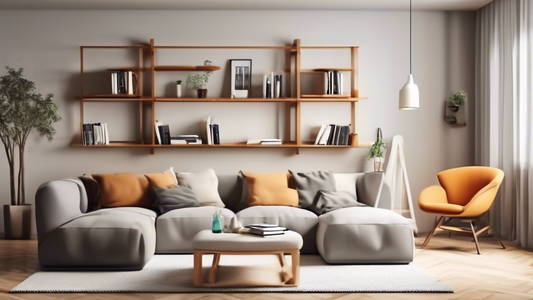 Create an image of a small living room with limited space, cleverly showcasing innovative and space-saving bookshelf ideas such as vertical stacking shelves, under-staircase storage solutions, wall-mounted bookshelves, and foldable bookcases. The roo