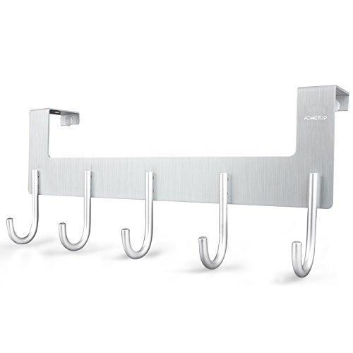 ACMETOP Over The Door Hook Hanger, Heavy-Duty Organizer for Coat, Towel, Bag, Robe - 5 Hooks, Aluminum, Brush Finish (Silver)