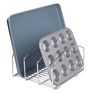 Budget decoformax metal wire cookware organizer rack for kitchen cabinet pantry and shelves organizer holder with three slots for cookie trays muffin tins bread pans cutting boards
