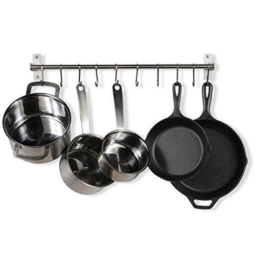 Discover stainless steel gourmet kitchen 23 25 inch wall rail pot pan utensil lid rack storage organizer with 10 s hooks