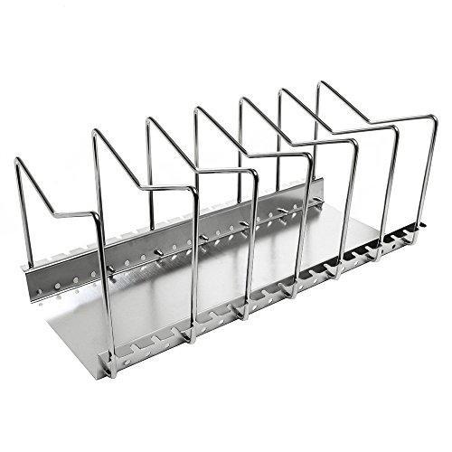 Arcxel Stainless Steel Dish Rack Kitchen Pot Pan Lid Cutting Board Adjustable Organizer Holder with Drain Tray for Cabinet and Pantry Storage Organization, 6 Compartments