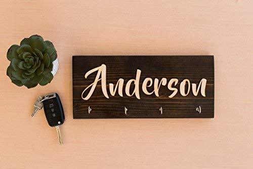 Results personalized wall key hanger unique custom key ring jewelry rack holder customize with your name dark rustic natural wood 4 hooks decorative kitchen garage living closet