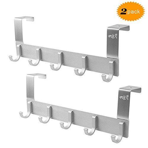 Over The Door Hook Racks,Rongyuxuan Pack 2 Heavy Duty Storage Hooks for Coat Towel Bag Robe-5 Hooks,Aluminum Brush Finish