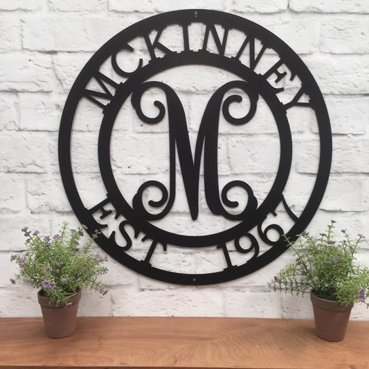 Monogram Family Name Metal Front Door Wreath - Personalized Family Name Sign with Script Monogram