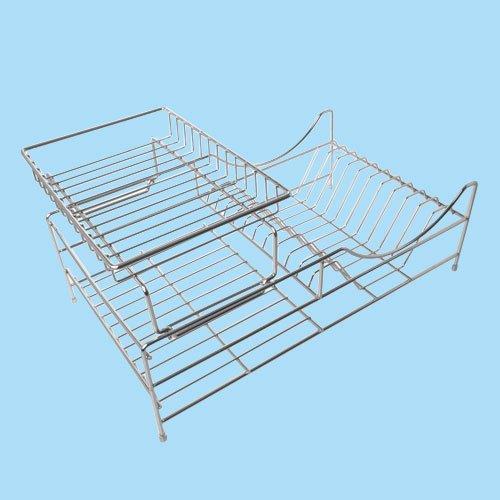 Sakura Two-tiers Compact Dish Rack / Kitchenware Dish Drying Rack / Dish Drainer with Removable Plastic Tray and Extendable Stainless Steel Drip Tray, Iron with Chrome Finished, Easy to Assemble