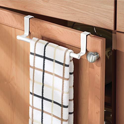Exclusive mdesign decorative metal kitchen over cabinet towel bar hang on inside or outside of doors storage and display rack for hand dish and tea towels 9 wide 2 pack matte white