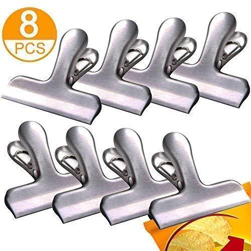 Organize with andrimax chip bag clips 8pcs premium stainless steel chip clips with 3 inch wide all purpose heavy duty seal grip clips for kitchen office school