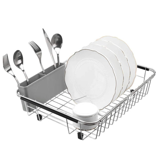 blitzlabs Dish Drying Rack Stainless Steel with Utensil Holder, Adjustable Handle Drying Basket, Storage Organizer for Kitchen, Over or in Sink, on Countertop Dish Drainer, Grey