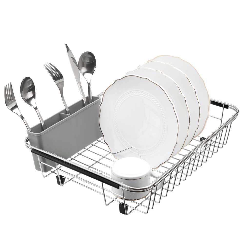 blitzlabs Dish Drying Rack Stainless Steel with Utensil Holder, Adjustable Handle Drying Basket, Storage Organizer for Kitchen, Over or in Sink, on Countertop Dish Drainer, Grey