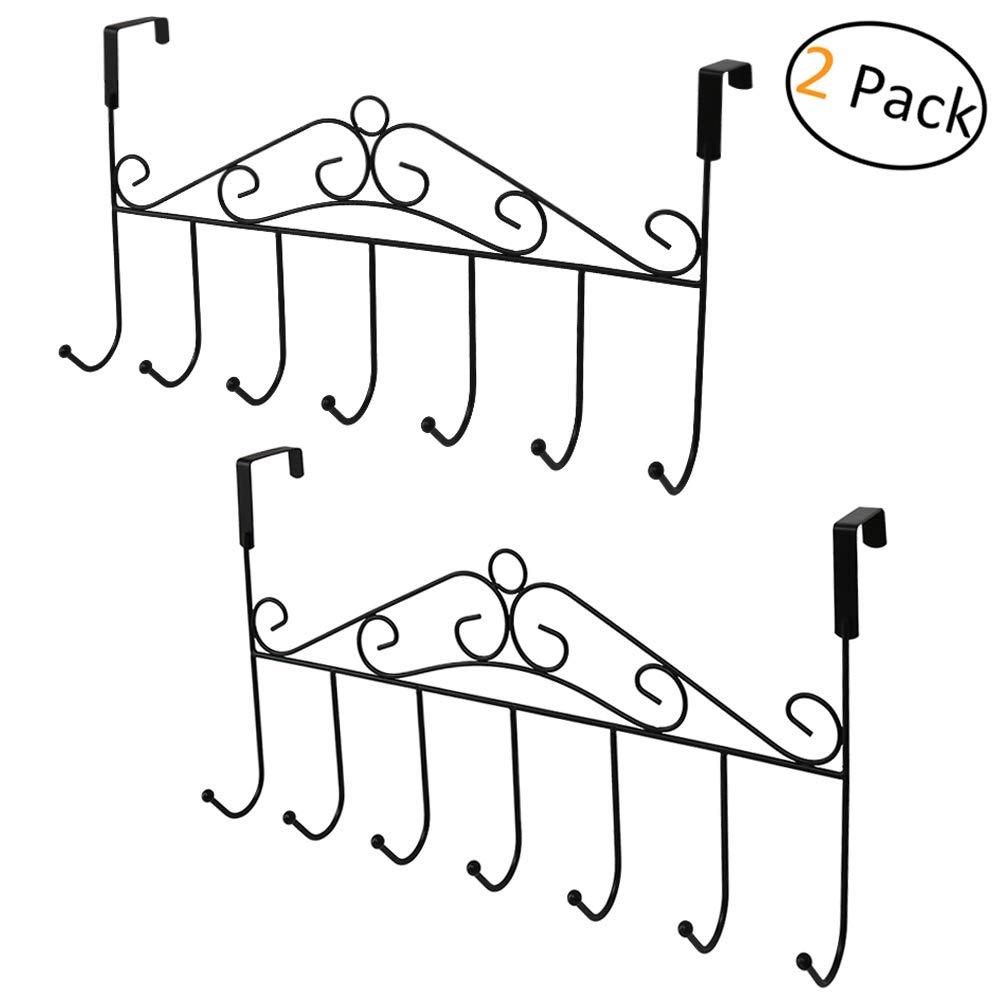 Monpearl Over The Door Hook, Metal Door Hanger, Over The Door Organizer Rack, 7 Metal Hooks for Hanging Clothes, Towels, Black, Pack of 2