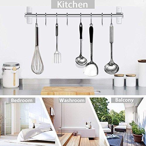 Get tevizz kitchen utensil rack wall mounted hanger space saver stainless steel rack rail storage organizer kitchen tools for hanging knives spoon pot and pan with removable s hooks