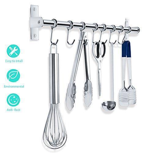 Lesfit Utensil Rack, Kitchen Wall Mounted Stainless Steel Rack Rail for Hanging Knives, Pot and Pan with 8 Removable Hooks, 20 inches