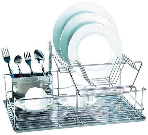 EuroWare Modern Stainless Steel 2 Tier Dish Drying Rack with Draining Board and Cutlery Tray, 18.5 Inches, Silver