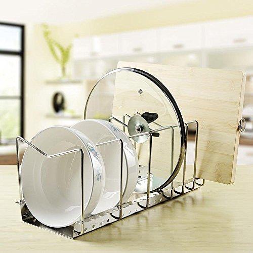 Arcxel Stainless Steel Dish Rack Kitchen Pot Pan Lid Cutting Board Adjustable Organizer Holder with Drain Tray for Cabinet and Pantry Storage Organization, 6 Compartments