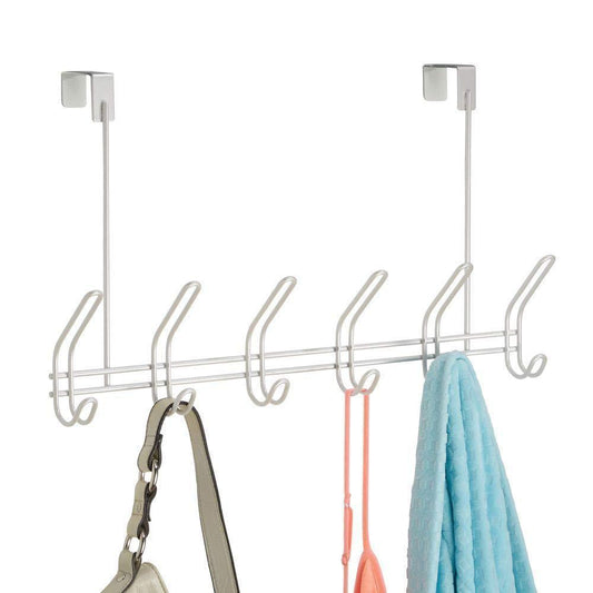 InterDesign Classico Metal Over the Door Organizer, 6-Hook Rack for Coats, Hats, Robes, Towels, Jackets, Purses, Bedroom, Closet, and Bathroom, 18.25" x 5" x 10.75", Pearl White