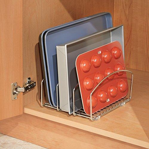 Budget friendly decoformax metal wire cookware organizer rack for kitchen cabinet pantry and shelves organizer holder with three slots for cookie trays muffin tins bread pans cutting boards