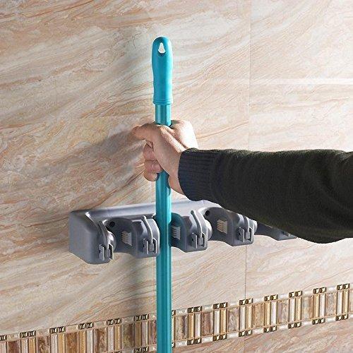 Order now kmike broom holder mop and broom organizer wall mount with 5 slots and 6 hooks ideal broom hanger solution for kitchen garage warehouse