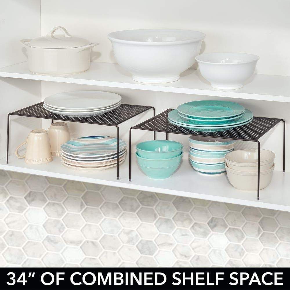 Related mdesign metal kitchen pantry countertop organizer storage shelves raised cabinet shelf racks for food dishes plates dishes bowls mugs glasses non skid feet extra large 2 pack bronze