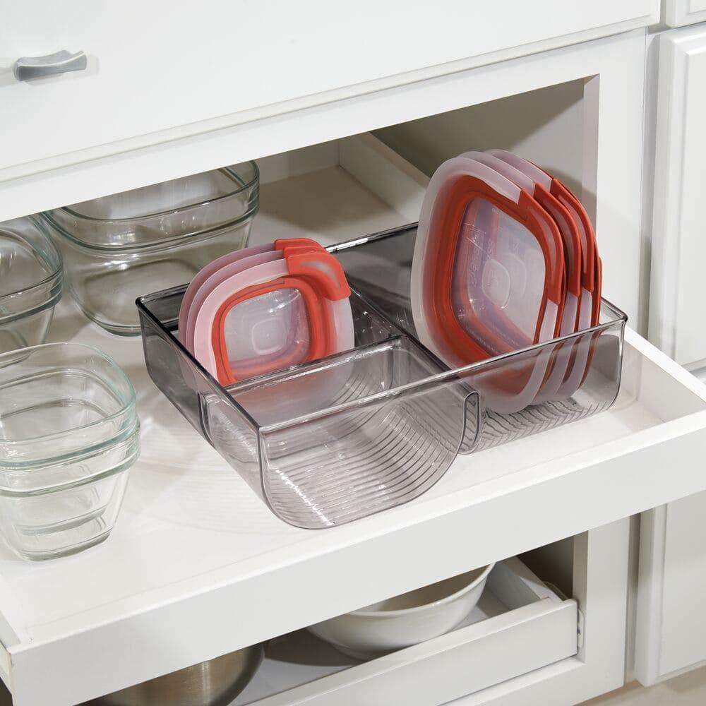 Save mdesign food storage container lid holder 3 compartment plastic organizer bin for organization in kitchen cabinets cupboards pantry shelves 2 pack smoke gray
