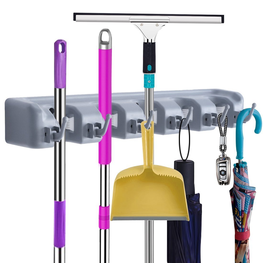 Get mop broom holder wall mounted garden tool organizer space saving storage rack hanger with 5 position with 6 hooks strong grip holds up to 11 tools for kitchen garden and garage