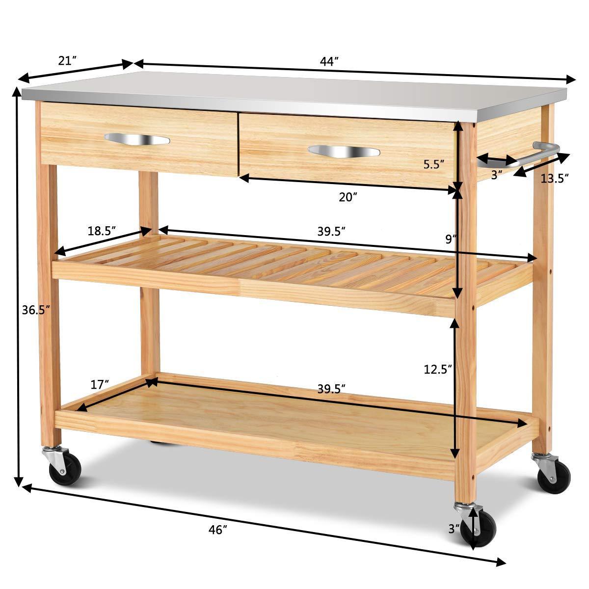Purchase giantex kitchen trolley cart rolling island cart serving cart large storage with stainless steel countertop lockable wheels 2 drawers and shelf utility cart for home and restaurant solid pine wood