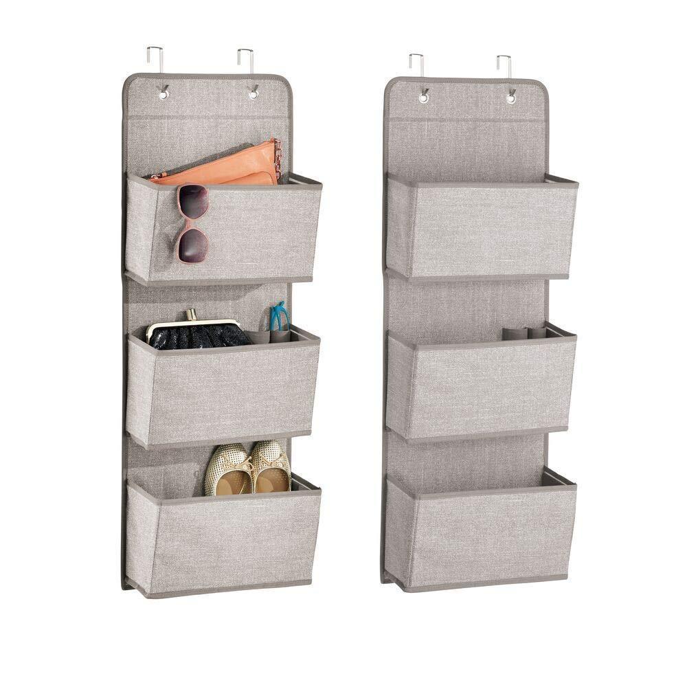 mDesign a568 Soft Fabric Over The Door Hanging Storage Organizer with 3 Large Pockets for Closets in Bedrooms, Hallway, Entryway, Mudroom-Hooks Included-Textured Print, 2 Pack-Linen/Tan