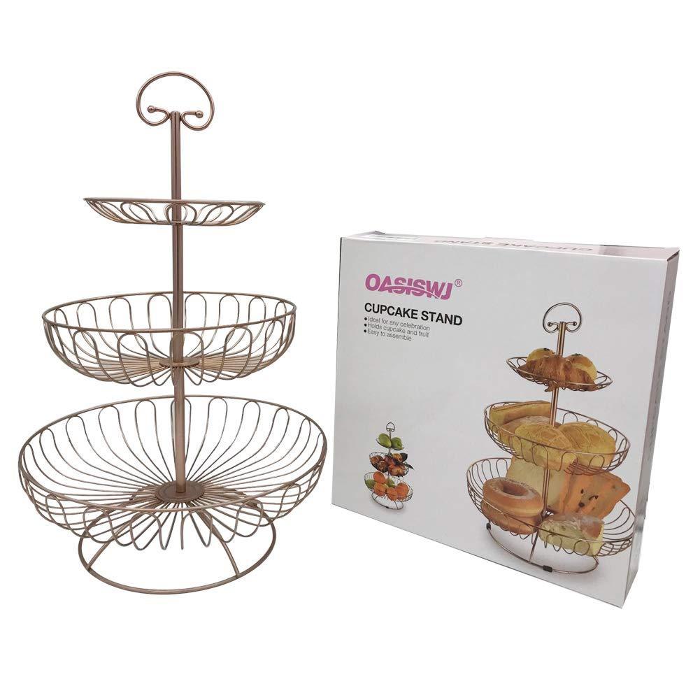 Amazon 3 tier metal wire fruit vegetable basket tower decorative fruit basket countertop stand kitchen counter produce organizer with top handle bronze pink