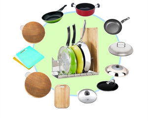 Organize with fecihor stainless steel pan and pot lid cookware rack holder adjustable bakeware cookware kitchen cabinet pantry drying rack and countertop cookware organizer holders silver