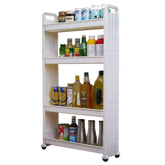 Products baoyouni slim slide out rolling storage cart tower narrow space organizer rack with wheels for laundry bathroom kitchen living room 4 tier