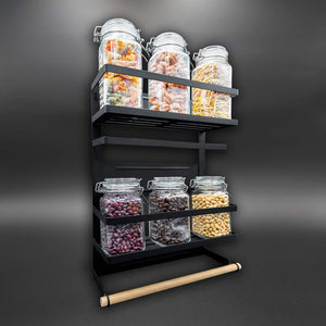 Organize with magnetic fridge spice rack organizer large with 6 utility hooks 4 tier mounted storage paper towel roll holder multi use kitchen rack shelves pantry wall laundry room garage matte black