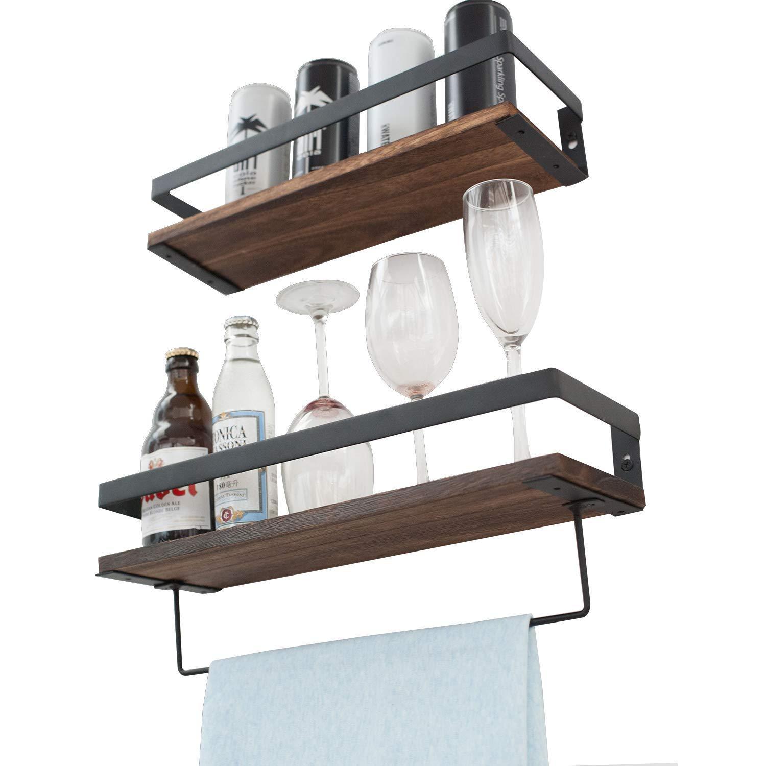 Try y me bathroom storage shelf wall mounted set of 2 rustic wood floating shelves with removable towel bar perfect for kitchen bathroom carbonized brown