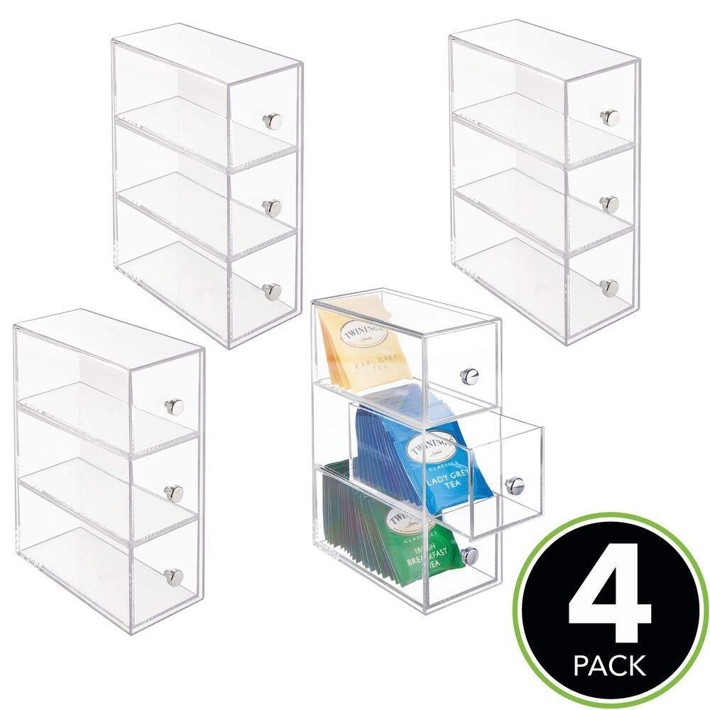 Storage mdesign plastic kitchen pantry cabinet countertop organizer storage station with 3 drawers for coffee tea sugar packets sweeteners creamers drink pods packets 4 pack clear