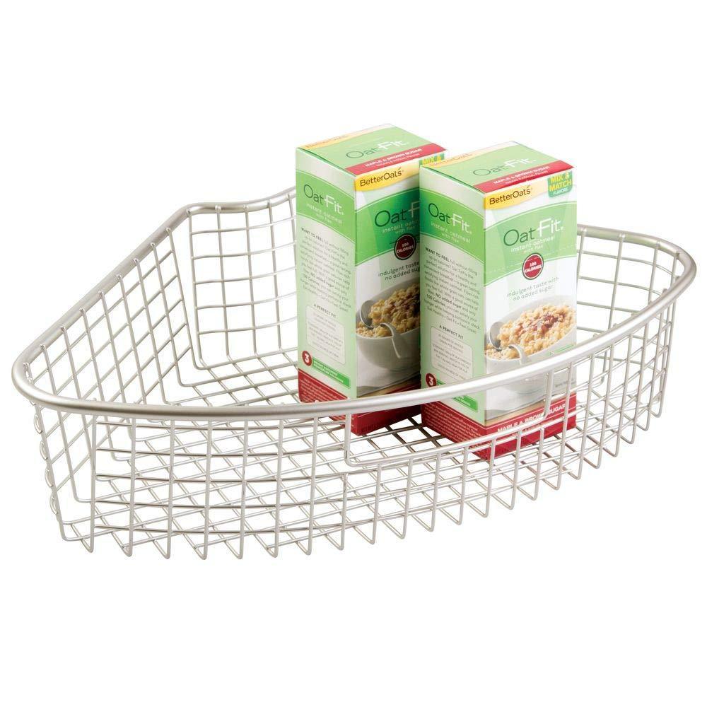 Shop here mdesign farmhouse metal kitchen cabinet lazy susan storage organizer basket with front handle large pie shaped 1 4 wedge 4 4 deep container 2 pack satin
