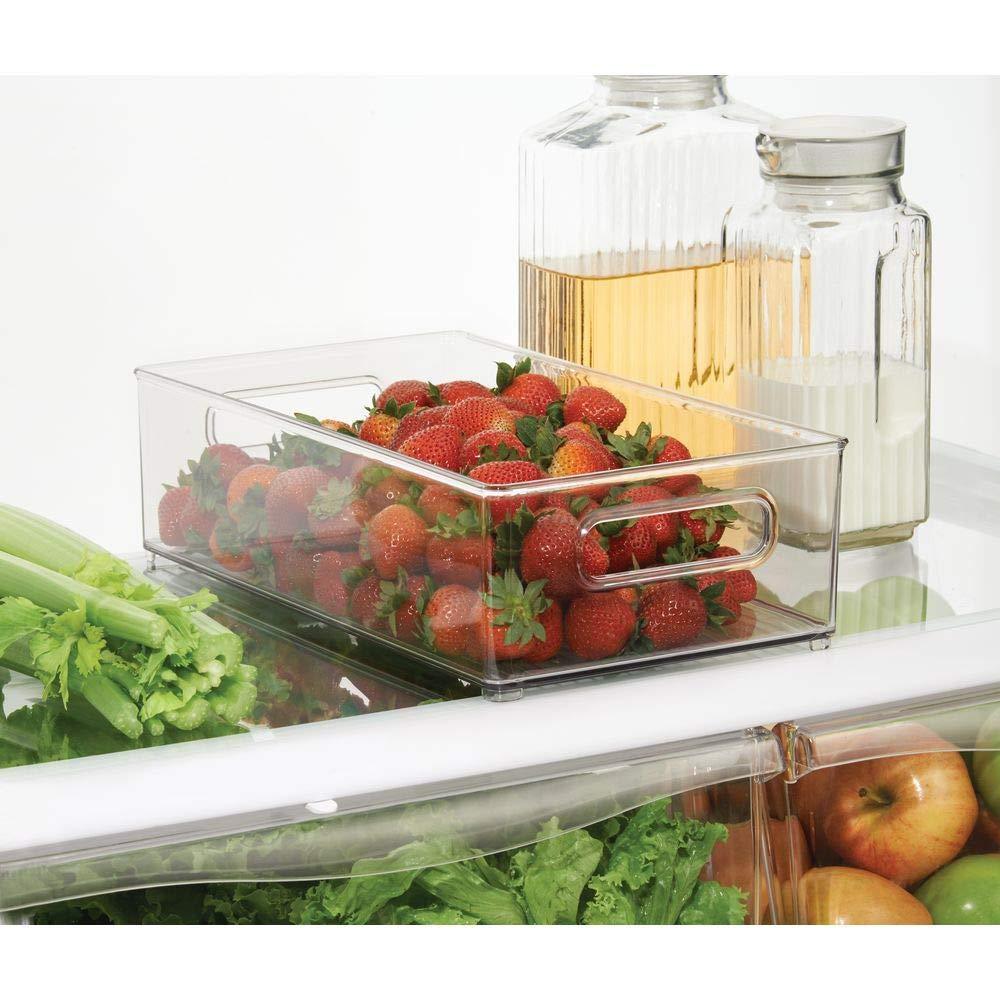 Heavy duty mdesign large stackable kitchen storage organizer bin with pull front handle for refrigerators freezers cabinets pantries bpa free food safe deep rectangle tray basket 6 pack clear